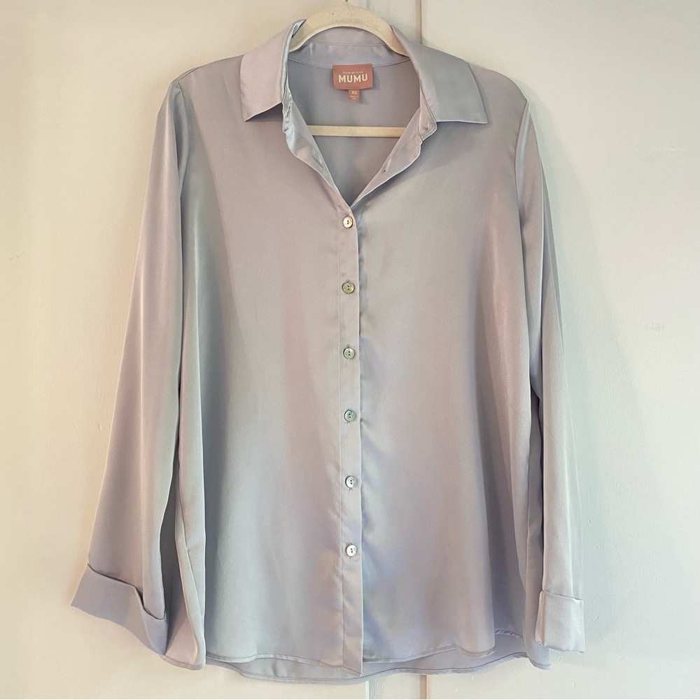 Show Me Your MuMu Lavender-Blue Satin Button-Down Blouse